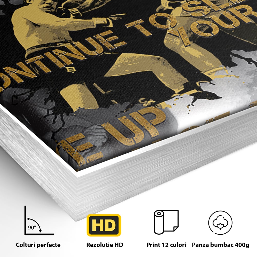 Detaliu al suprafetei: tablou canvas motivational cu muhammad ali, in rama de aluminiu argintiu